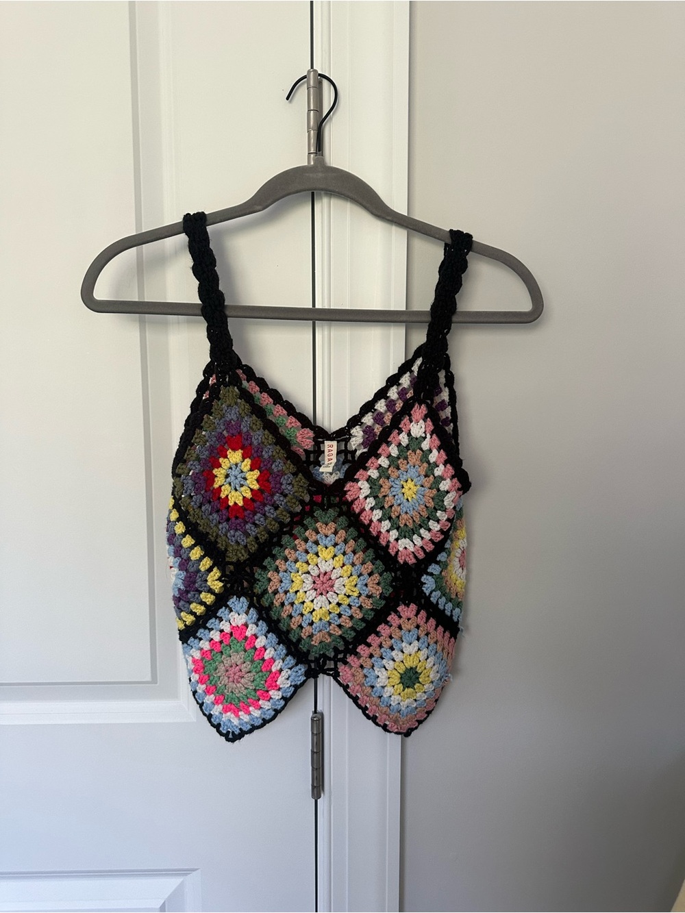 RAGA Crochet Granny Square Tank Top in Black with Multicolor Squares